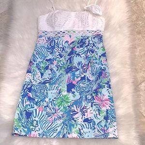 Lilly Pulitzer Liz Coastal Blue Lion Around Lace Top Dress